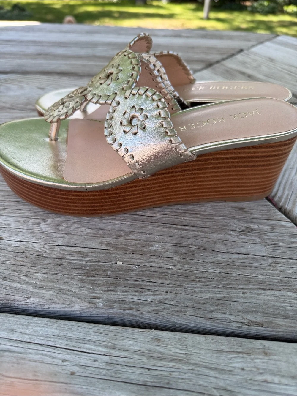 Jack Rogers Metallic Rose Gold & Light Green Blossom Sandals - Picture 3 of 4